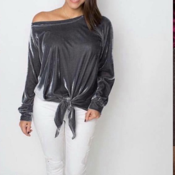 RESERVED•TIA VELVET GRAY OFF THE SHOULDER TOP🖤NWT🖤 - Picture 1 of 6